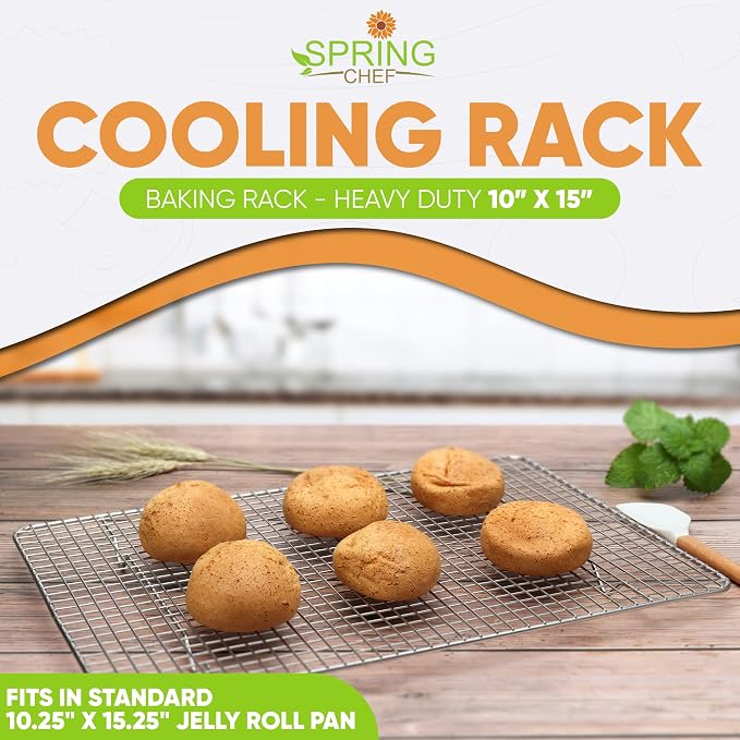 Spring Chef 10" x 15" Stainless Steel Cooling Rack for Cooking & Baking | Heavy Duty Cookie Cooling Rack for Kitchen, Oven Safe Wire Rack for Baking, Fits Jelly Roll Pan, Dishwasher Safe