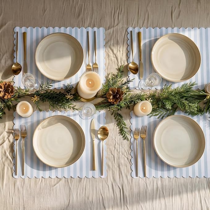 100 Pcs Blue Striped Paper Placemats Summer Coastal Scalloped Dusty Blue and White Placemats Disposable Square Striped Place Mats for Wedding Bridal Shower Beach Party Home Table Kitchen Decor