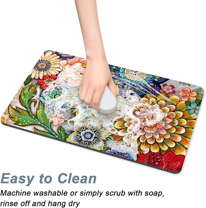Rnivvi Coffee Mat, 12" x 19" Cute Flower Theme Coffee Bar Mats for Espresso Machine Station Accessories and Organizer, Hide Stain Rubber Backed Absorbent Dish Drying Pad for Kitchen Counter, Mandala
