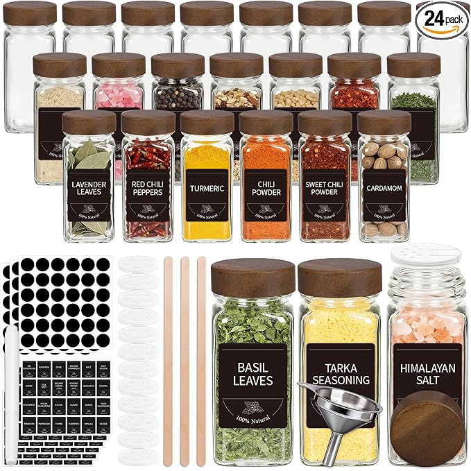 24 Pack Glass Spice Jars with Labels, 4oz Spice Containers with Acacia Lids | Includes 249 Labels, Metal Funnel, Extra Shaker Lids & Stirring Stick for Kitchen Seasoning Organization