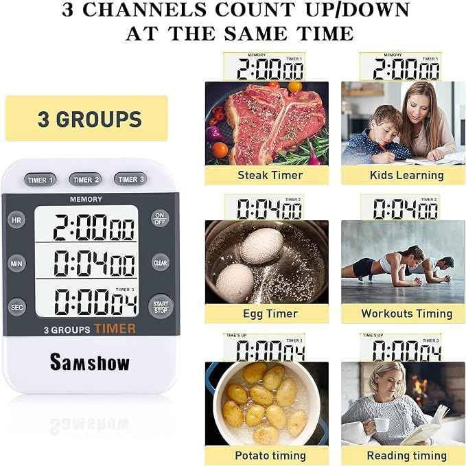 Samshow Digital Kitchen Timer, 3 Channels | Count UP/Down, Large Display, Adjustable Volume Alarm, Magnetic Back, Stand, Battery Included