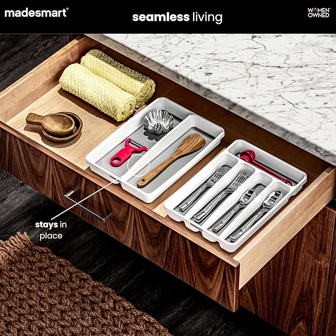 madesmart Classic 2 Compartment Compact Kitchen Tool Tray, White | non slip feet, rounded corners, soft grip lining, wide channels, spatulas whisks tongs, ladles serving spoons, woman owned