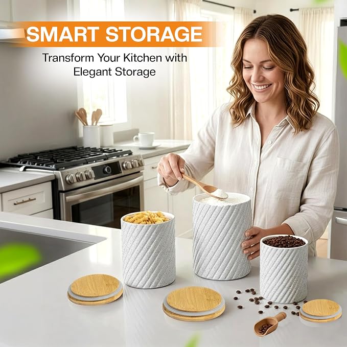 Flour Sugar Storage Containers - Ceramic Canister Set of 3 with Airtight Bamboo Lids for Kitchen Counter - 80, 40 & 20 oz, White