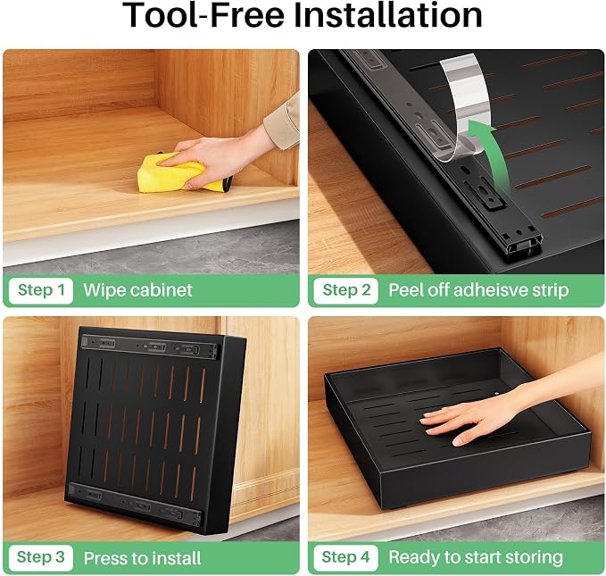 2Pack Pull out Cabinet Organizer, 21"Deep, Heavy Duty Full-extension Slide out Drawers for Kitchen Cabinet, Roll out Shelf Storage with Nano Adhesive for Pots,12"W x 21"D x 3.1"H, Black