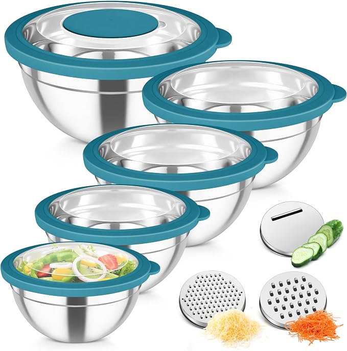 TeamFar Mixing Bowls, Stainless Steel Salad Serving Bowl with Clear Lids | with 3 Graters, For Kitchen Cooking Prepping Storing, Size 4.6/2.6/1.5/1/0.7 QT, Nesting & Airtight, Set of 5 & Blue