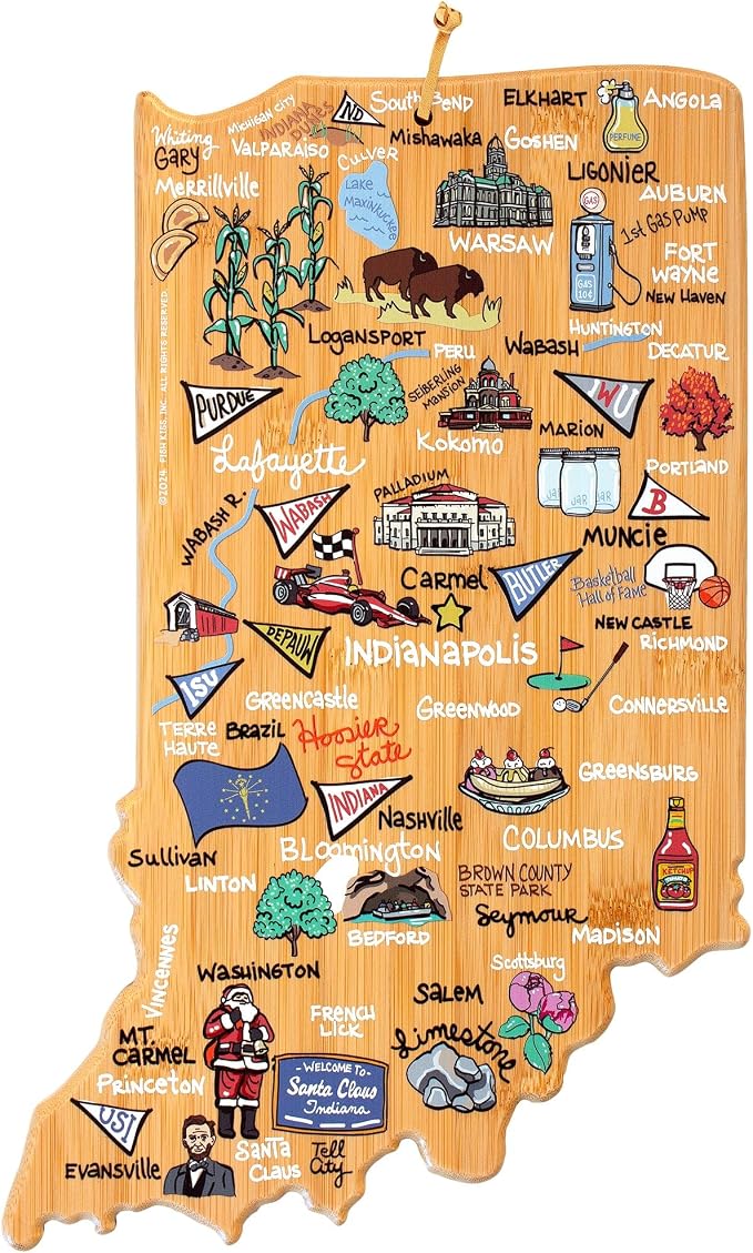 Totally Bamboo Indiana State Shaped Cutting Board, Art by Fish Kiss | State charcuterie board with colorful hand-drawn map artwork. Smooth reverse side for food prep. Hang tie for wall display.