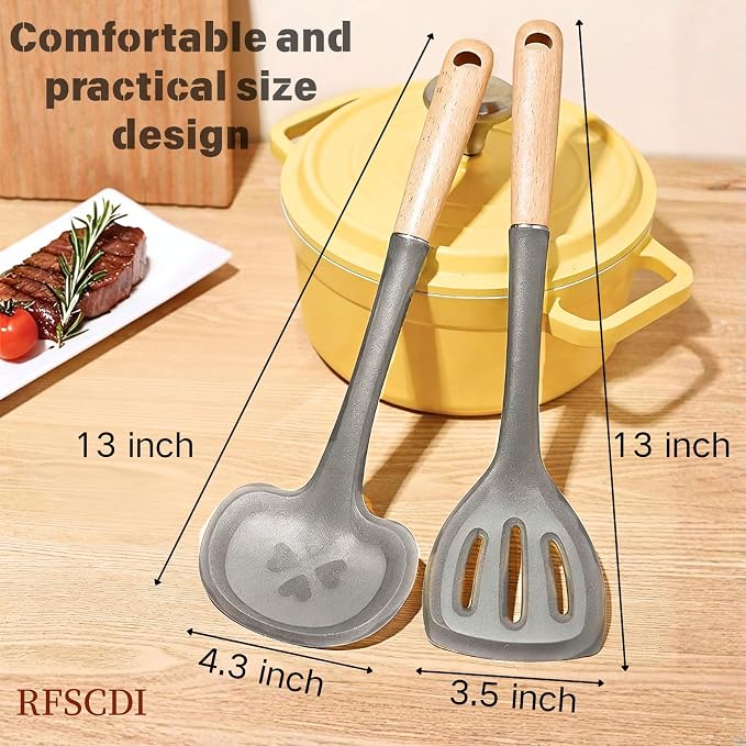 2-Piece Cooking Spatula Set - German standard Food-Grade Silicone with Steel Core, Heat Resistant Up to 500℉, Non-Stick Cooking Utensils for Kitchen with Ergonomic Non-Slip Handle (Gray)