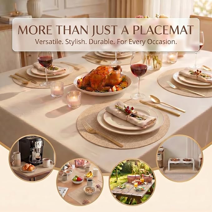 Faux Leather Placemats Set of 4, Wipeable Waterproof Stain Resistant Table Mats, Heat Resistant Thick Placemats with Hand-Painted Edges for Kitchen Dining, Imitative Linen Texture, Various Shapes