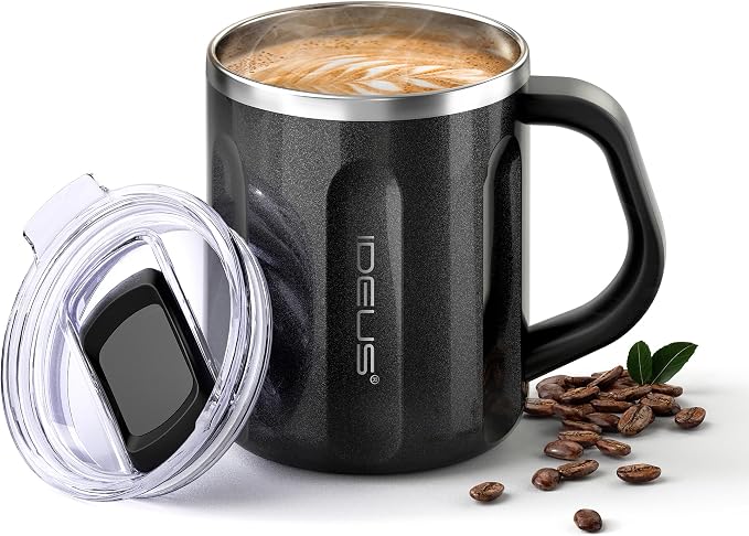 Ideus 16 oz Insulated Coffee Mug with Handle and Lid, Double Wall Stainless Steel Vacuum Thermal Coffee Mug, Travel Coffee Cup Thermal Cup for Home and Office, Black-FUJI FLOW