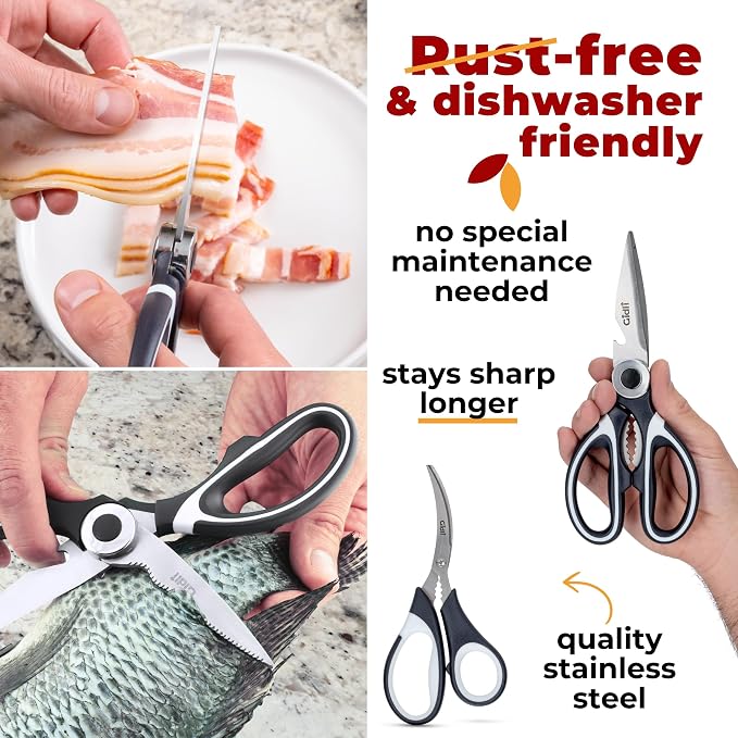 Kitchen Shears & Seafood Scissors Set - Lifetime Replace. Warranty* | Gidli Heavy Duty Utility Stainless Steel All Purpose Ultra Sharp Scissors for Meat, Poultry, Food & Cooking - Dishwasher Safe