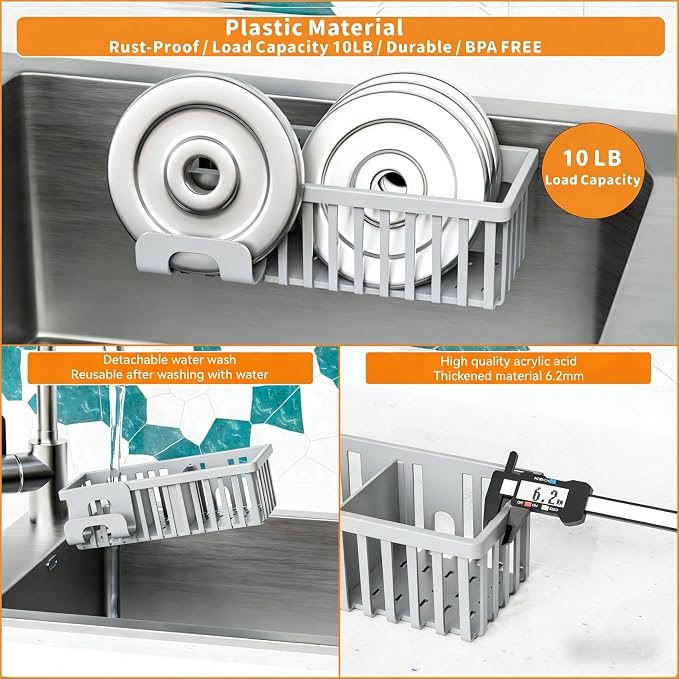 3 in 1 Kitchen Sink Caddy Sponge Holder with Suction Cup and Adhesive,Plastic Rust-Proof kitchen Scrubber,Dish Scrub,Dish Soap Holder,Grey Hanging Sponge Rack and In Sink Organizer Essentials