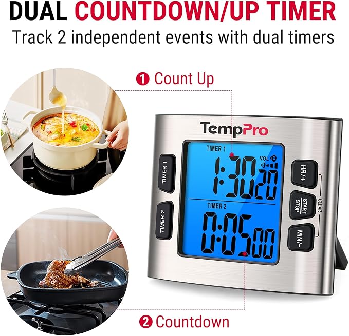 TempPro TM02 24H Kitchen Timer with Dual Digital Timers & Clock Mode | Magnetic Timer with Adjustable Alarm Volume, Kitchen Timers for Cooking with LCD Backlit, Classroom Timer for Kids, 2 Pack