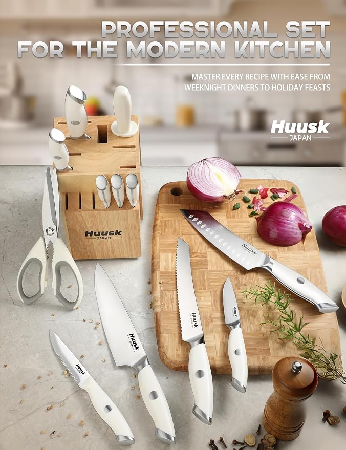 Huusk Knife Set with Block - Chef Knife with Natural Block Ivory White 14PC | Japanese Stainless Steel, Long-lasting Edge, All-in-One for Daily Use, Housewarming Gift for Women Men