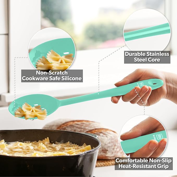 DI ORO Silicone Cooking Spoons - Solid & Slotted Set, 2-Pc Mint | Large heads for mixing, serving, and stirring; Heat-resistant to 600F for nonstick cookware; BPA-free and dishwasher safe