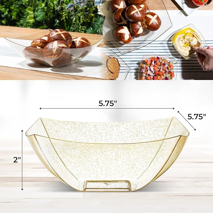 4 Pack Disposable Gold Plastic Serving Bowls Square Party Candy Use 16oz | Square Design. Disposable Party Tableware. Salad, Fruit & Candy Use. Candy Buffet Containers. Gold Plastic.