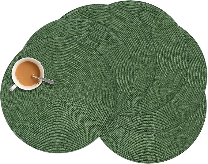 Zupro Round Olive Green Placemats Set of 6 Braided15 Indoor/Outdoor Use | Heat Resistant Non-Slip Washable, for Kitchen Dining Tables Dinner Parties Thanksgiving Christmas and Everyday Use