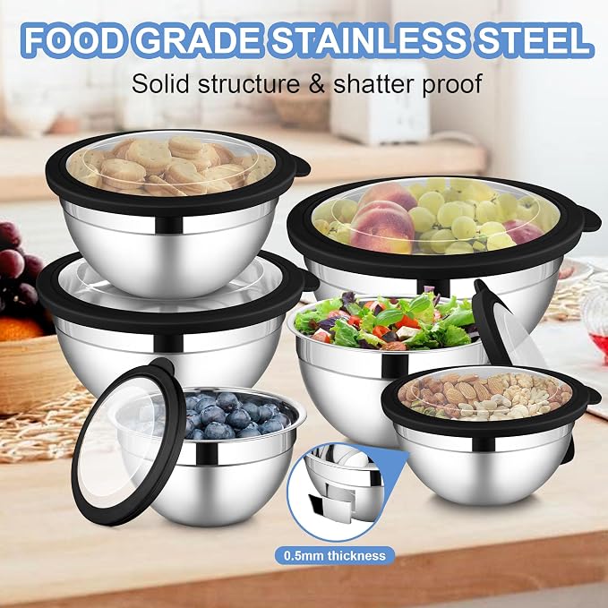 LIANYU Stainless Steel Mixing Bowls Set, Large 7, 3.5, 2.5, 2, 1.5, 1QT | 6 PCS Metal Nesting Bowls with Transparent Airtight Lids, Serving Bowl Set for Home Kitchen, Dishwasher & Freezer Safe, Black