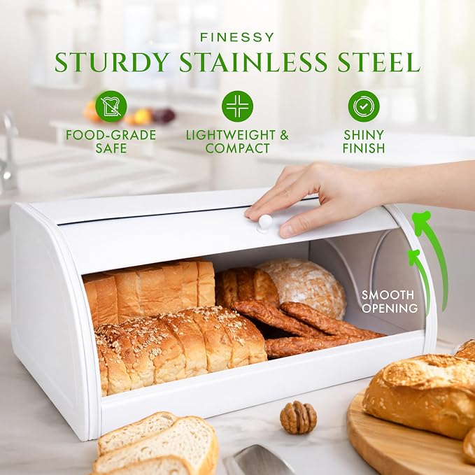 FINESSY Large Bread Box Roll Top, White Metal Bread Box For Kitchen Counter | Bread Box For Homemade Bread, Holds Two Loaves, Bagels & Muffins. White Metal Bread Box With Roll Top Lid 17.3 × 10.4 × 6.8