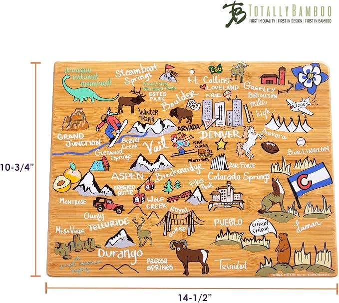 Totally Bamboo Colorado State Shaped Cutting Board, Art by Fish Kiss | State charcuterie board with colorful hand-drawn map artwork. Smooth reverse side for food prep. Hang tie for wall display.