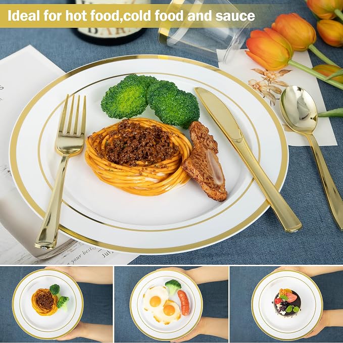600PCS White and Gold Plastic Plates, Disposable Dinnerware Set | 100 Dinner & Dessert Plates, Forks, Spoons, Knives, Cups, Heavy Duty, Gold Rim, 100 Guest, for Wedding Birthday Party