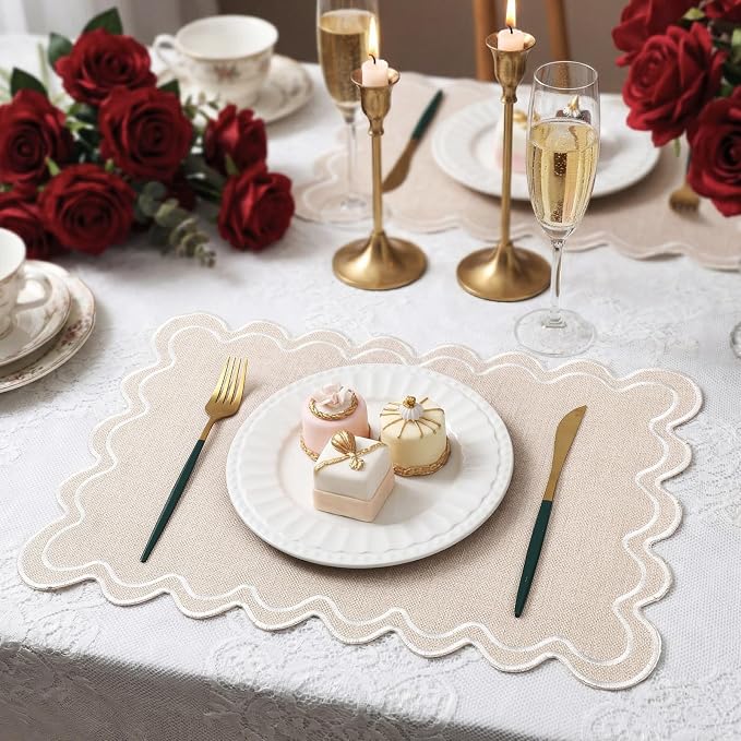 Linen Placemats Set of 12 Scalloped Placemat 13 X19 Wavy Embroidery Double Layered Washable Farmhouse Dinner Fabric Table Mat Napkin for Wedding Party Restaurant(Regular,Cream)
