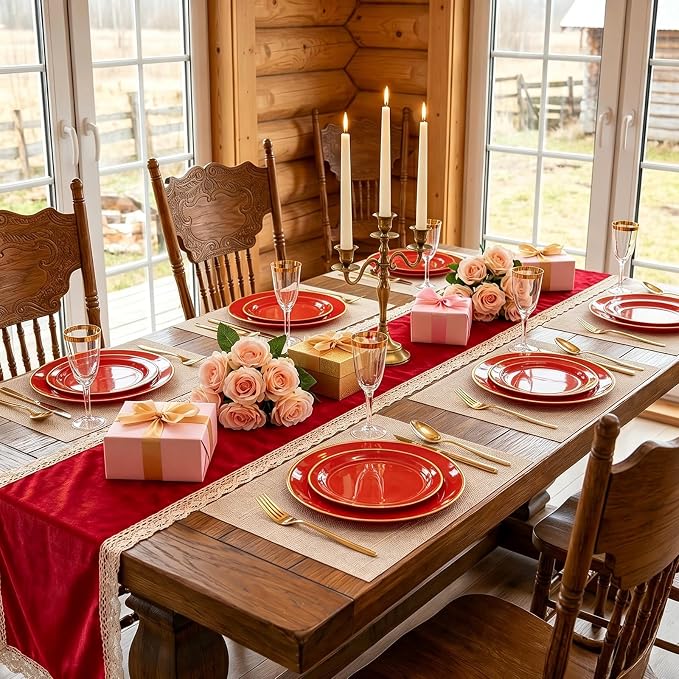 IOOOOO 150Pcs Red Plastic Plates,Red Disposable Plates with Gold Rim | Sturdy Hard Disposable Plates Set Include 30 Dinner Plates,30 Dessert Plates, 90 Plastic Silverware Set for Wedding, Events.