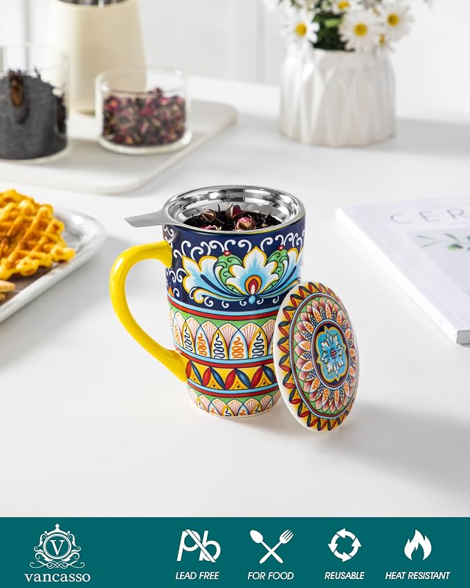 vancasso Ceramic Tea Mug with Infuser and Lid, 18 Ounce Bohemian Loose Leaf Cup, Microwave & Dishwasher Safe, Perfect for Tea, Coffee, Beige-Mustard Tribe