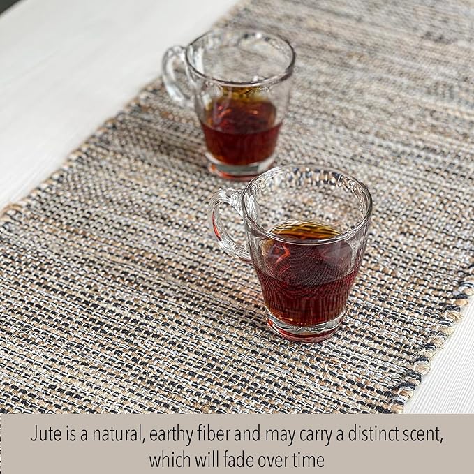 Natural Jute Table Runner 13x90 Inch – Vintage Boho Rustic Table Decor – Handwoven Table Runner in Natural Jute and Grey – Farmhouse Dining or Console Table Accent