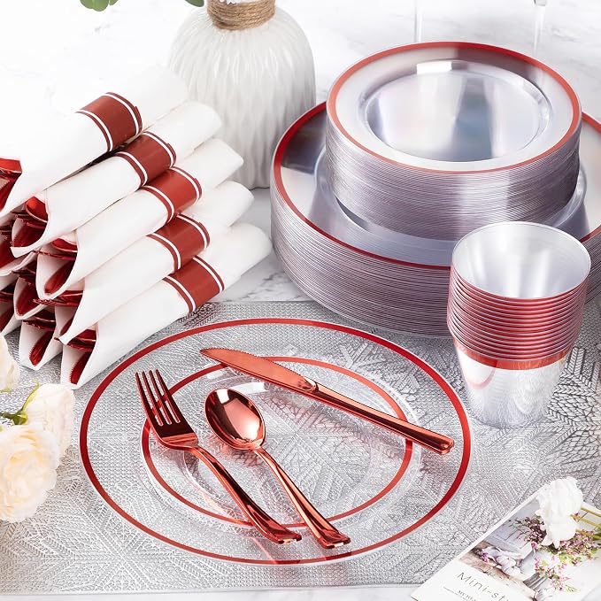 175 Pcs Clear Red Plastic Dinnerware Sets for Party for 25 Guests | Red Plastic Plates Include: 50 Plastic Plates, 25 Pre Rolled Napkins with Cutlery Set, 25 Cups for Birthday, Christmas