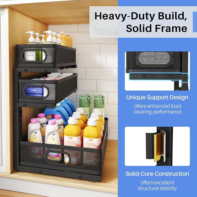Under Sink Organizer, 3-Tier Thickened Metal Pull out Cabinet Organizer Shelf, Height Adjustable Slide out Storage Drawer Rack for Kitchen Bathroom Pantry Laundry Home Organization, 1-Pack, Black | 35% Extra Storage Capacity, Carbon Steel, Hold Up 55lb...