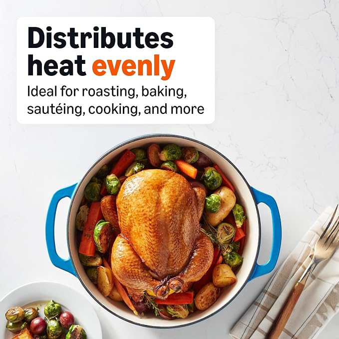 Amazon Basics Enameled Cast Iron Dutch Oven Pot with Lid, Round, Dual Handles, Heavy-Duty, Oven Safe for Stews, Roasting, Baking, 7.3-Quart, Blue