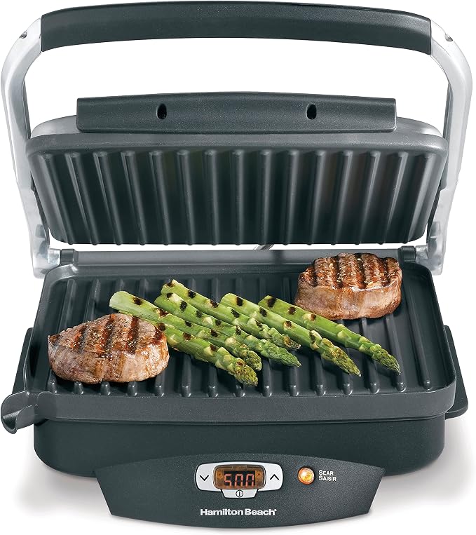 Hamilton Beach Steak Lover's Electric Indoor Searing Grill, Nonstick 100 Square, Stainless Steel (25331), Black and Stainless, Medium | Adjustable Temperature Control To 500° F | Non-Stick PFAS-Free 100 sq. in. Cooking Surface | Black & Stainless Steel