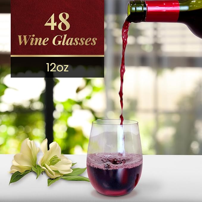 Reli. Disposable Wine Glasses (48 Pack, 12oz) | Clear | Stemless, Shatterproof | Plastic Stemless Wine Glasses Disposable | Parties, Cocktails, Whiskey, Weddings