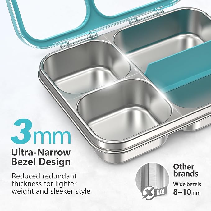 LOHASOK Stainless Steel Bento Lunch Box, 34oz/1000ml, Blue | 3-Compartment, Leak Proof, Lightweight, Clear Plastic Lid, for Kids Adults, BPA/BPS Free, Dishwasher Safe