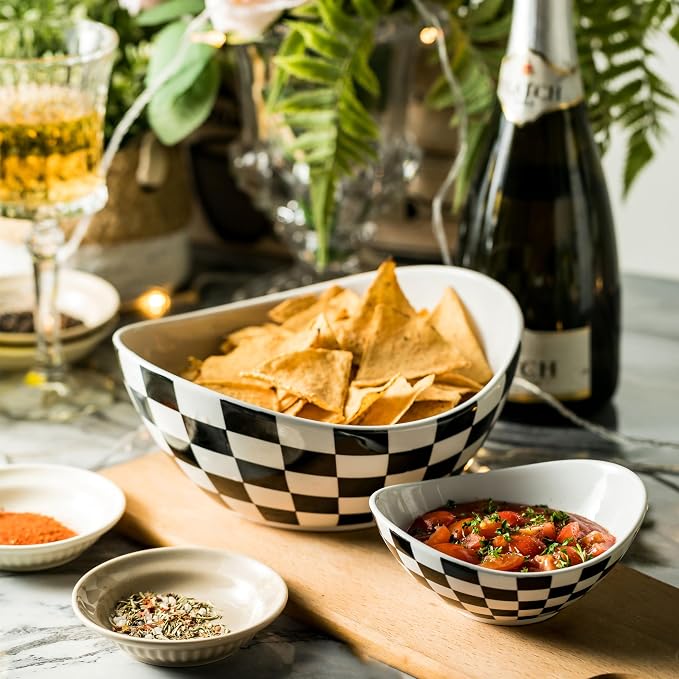 Miamolo Tiered Serving Bowls, Chip and Dip Serving Set, Hosting Essentials | Serving Platters and Tray for Appetizer, with Removable Stand, Party Entertaining, Black White Checkered, Microwave Oven Safe