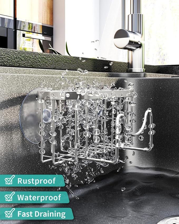 HapiRm Multifunctional Adhesive Kitchen Sink Organizer with M-Shaped, 2 Installation Methods Kitchen Sponge Holder, Rustproof Sponge Caddy for Brush, Sink Stopper and Scraper -Silver