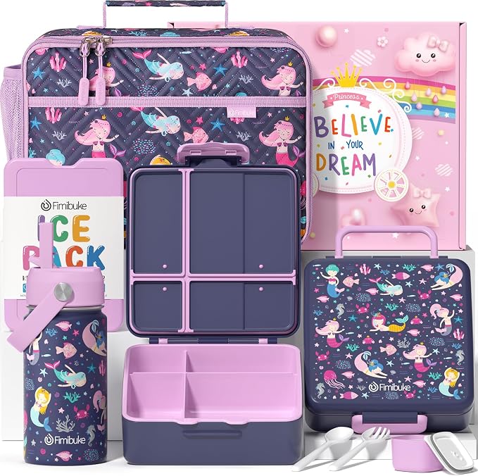 Fimibuke Kids Bento Lunch Box with Toddler Insulated Water Bottle Lunch Bag | Lunch Box Kids with 4 Compartments, Ice Pack & Utensils Set, Birthday Gifts for Ages 3-12 Back to School Toddler Girls Boys