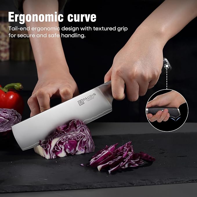PAUDIN Nakiri Knife 7 Inch,Multi-Layer High Carbon Steel Kitchen Knife 62 HRC, Ultra Sharp Vegetable Chopping Cleaver and Meat Slicing Asian Chef Knife for Home Cooks, Gift Box for Women and Men