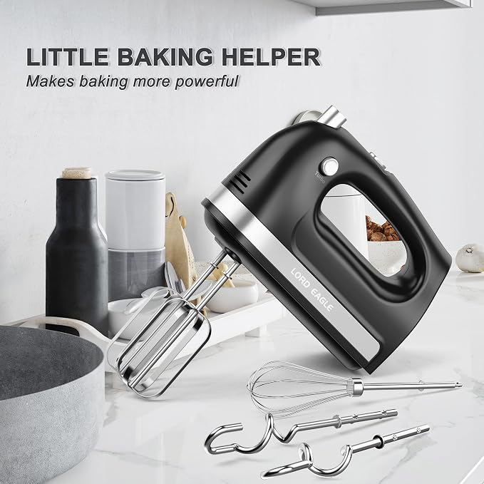 Lord Eagle Hand Mixer Electric Handheld 400W,5-Speed, Lightweight, Black | Kitchen Mixer with Storage Case, 5 Stainless Steel Attachments for Baking Cake Egg Cream Food Beater, Turbo+Eject Button