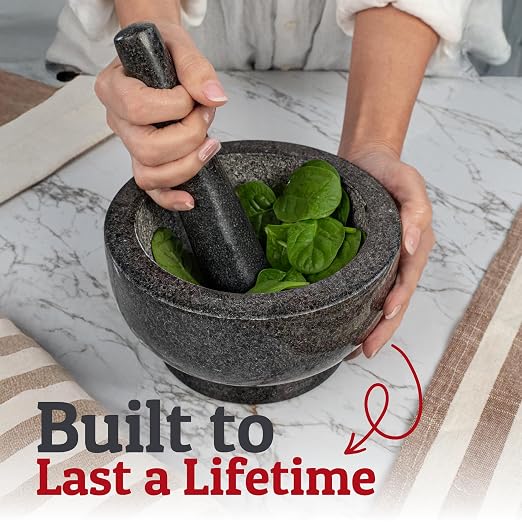 PriorityChef 4 Cup Large Mortar and Pestle Set, 100% Natural Granite, 7 Inch Diameter Bowl with 7.2 Inch Pestle, Make Fresh Guacamole at Home, Solid Stone Grinder Bowl, Herb and Spice Grinder, Black