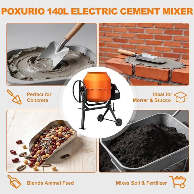 5.3 Cu.Ft. 1HP Electric Cement Mixer, 750W, 140L Portable Concrete Mixer Machine with Stand & Wheels, for Stucco, Mortar, Seeds - 2026 Upgraded (Orange)