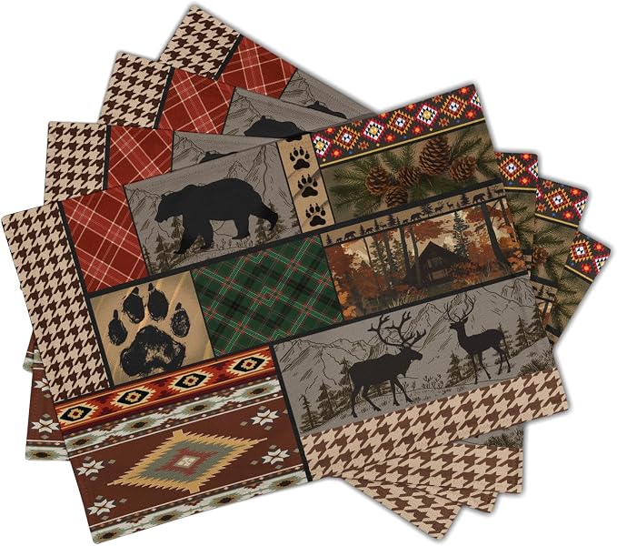 Rustic Lodge Bear Deer Placemats Set of 4, 12x18 Inch Vintage Cabin Pine Cone Wild Animal Place Mats Boho Style Country Heat Resistant Table Mats for Holiday Party Kitchen Dining Table