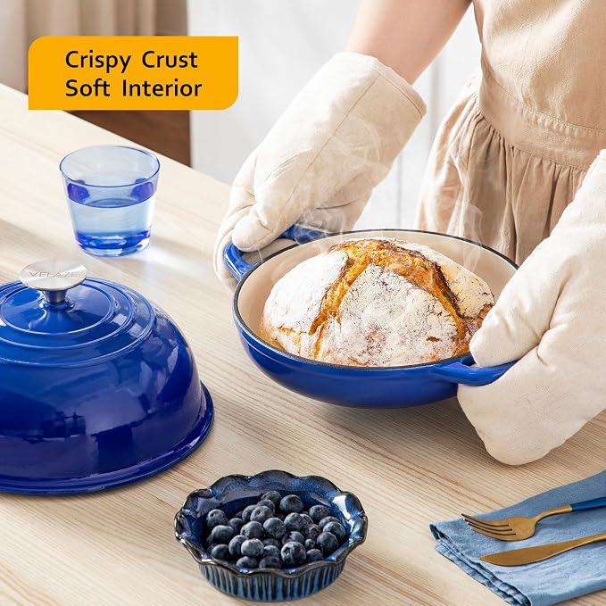 Velaze 5 QT Enameled Cast Iron Dutch Oven for Bread Baking with Dome Lid | Traps Steam for Crispy Artisan Sourdough Bread,Oven Safe,Ergonomic Handles,Gift for Bakers and Bakery Style Loaves,Blue