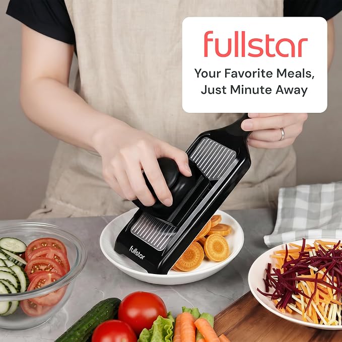 Fullstar - Handheld Mandoline Vegetable Slicer & Julienne Cutter | 2 in 1 Onion, Veggie & Fruit Slicer, 4 Thickness Settings with Finger Guard for Easy & Safer Slicing (Stainless Steel)