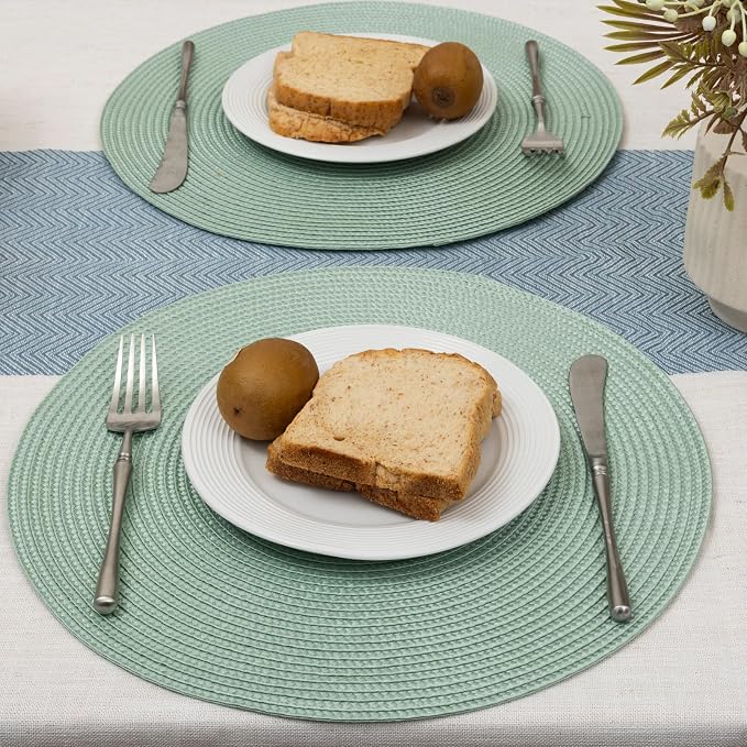 Winknowl 15 Inch Round Braided Placemats Set of 6, Washable Cotton Polyester Table Mats, Heat Resistant Non-Slip Place Mats for Kitchen Dining Table Decor (Mint Green,6pcs)