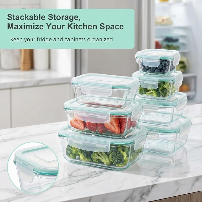 8 Pack Food Storage Containers with Lids,Glass Meal Prep Containers,Oven Safe