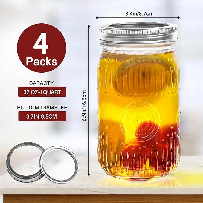 Amzcku 32 oz Vintage Mason Jars with Lids, Regular Mouth Canning Jar, Safe For Storage, Canning, Pickling, Preserving, Fermenting, DIY Crafts & Decor 4 Pack