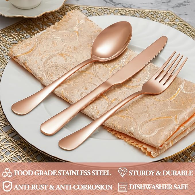 20 Pcs Rose Gold Silverware Set Service for 4, Premium Stainless Steel Flatware Set, Cutlery Utensil Set, Durable Home Kitchen Eating Tableware Set, Include Fork Knife Spoon Set, Dishwasher Safe