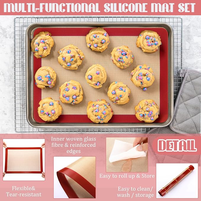 Nuanchu 8 Pieces Silicone Baking Mat Non-stick Silicone Baking Half Sheet 16.5'' x 11.6'' Silicones Cookie Sheet Easy Clean Oven Cookie Liner for Oven Making, Macaroon, Bread Pastry(Red)