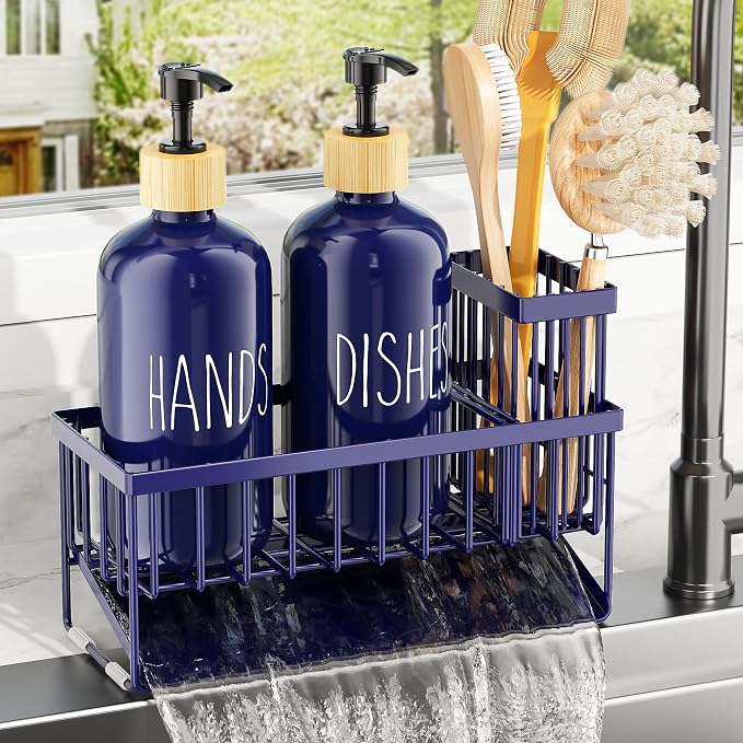 Cisily Kitchen Dish Soap Dispenser Set with 2 Pack 16.9oz Amber Glass Bottle and Sponge Holder, Dish Soap Dispensers with Adjustable Sponge Holder, Vintage Hand and Dish Soap Dispensers Set